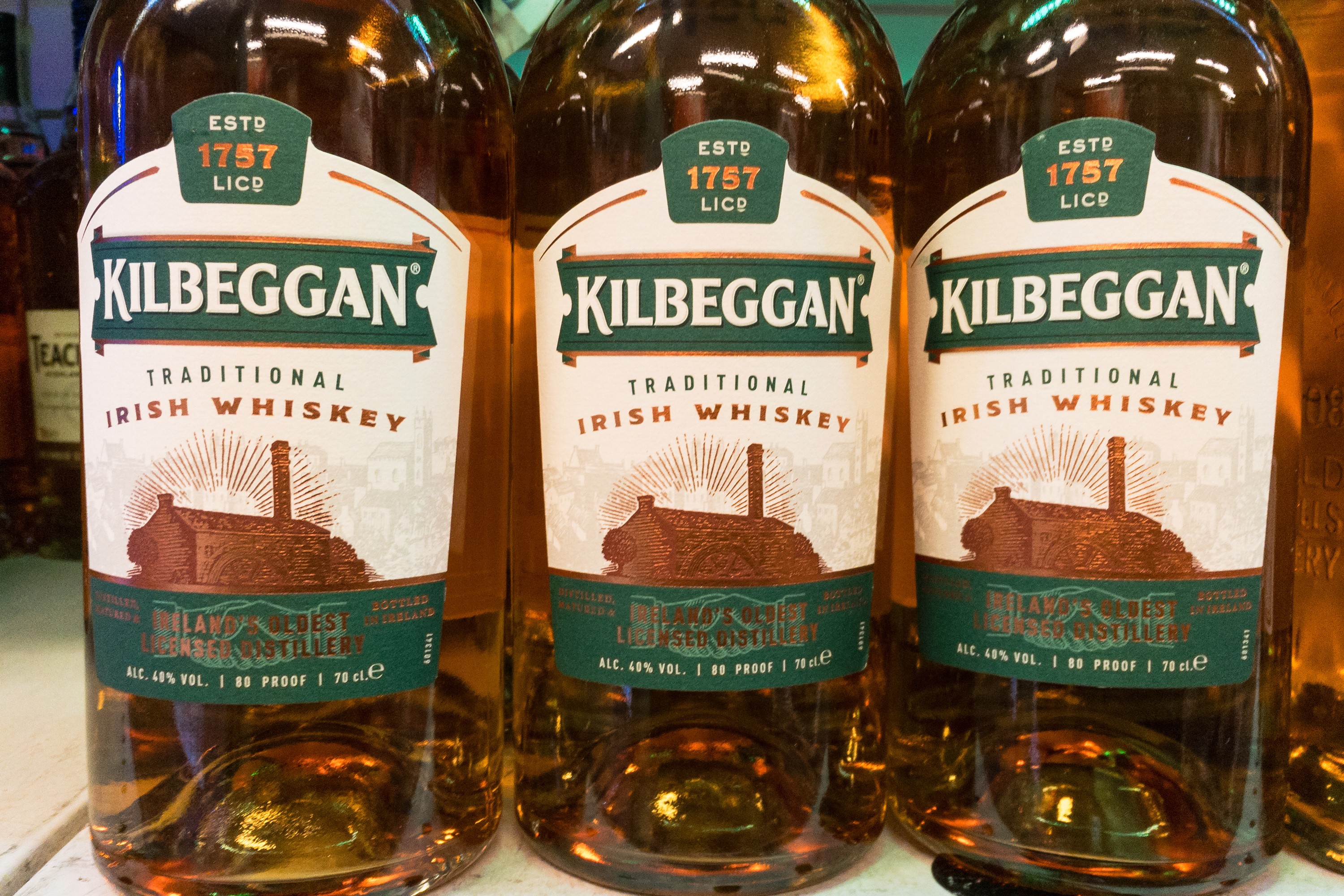 Du whiskey Kilbeggan - © Jerome

Picture of the logo of Kilbeggan logo on some whiskey bottles for sale in Belgrade. Kilbeggan Distillery is an Irish whiskey distillery situated on the River Brosna in Kilbeggan, County Westmeath, Ireland. It is owned by Beam Suntory. A small pot still distillery, the licence to distil dates to 1757, a copy of which can be seen in the distillery.