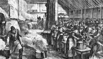 A soup kitchen at the time of the "Take the soup" slogan in Ireland - Public domain