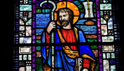 A stained glass window depicting Saint Patrick at Saul Church - Brian Morrison - Tourism Ireland