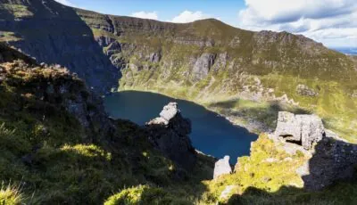 Coumshingaun Lough beneath the walls of its glacial corrie, in the Comeragh Mountains