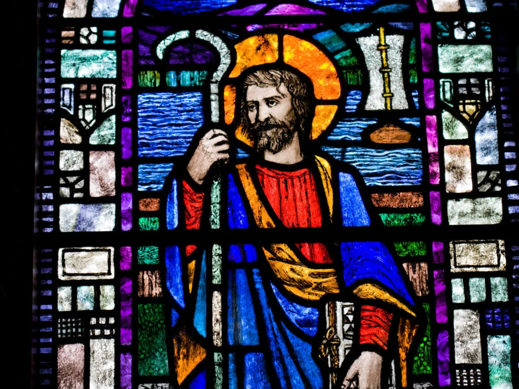 A stained glass window depicting Saint Patrick at Saul Church - Brian Morrison - Tourism Ireland