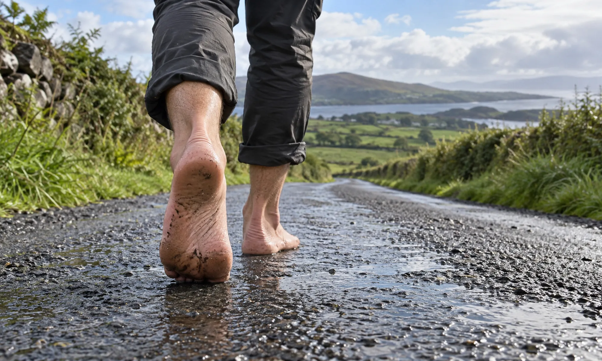 Pieds nus d’un marcheur sur une route humide dans la campagne irlandaise