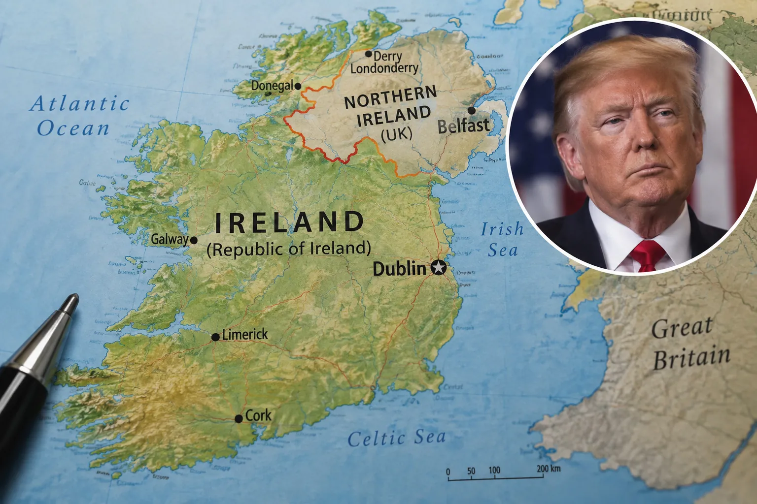 Carte de l’Irlande avec un portrait de Donald Trump, à propos de ses déclarations sur une Irlande unifiée - Go to Ireland.com