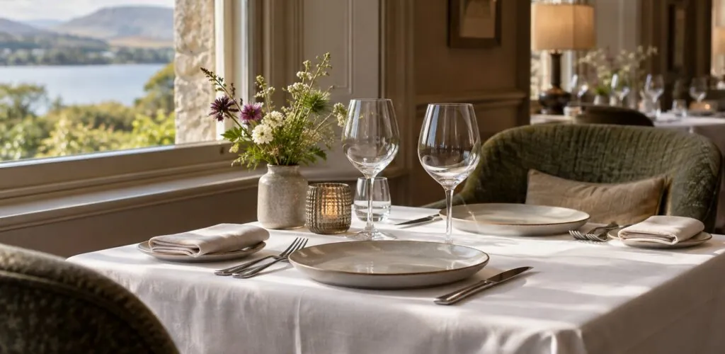 Table de restaurant gastronomique dressée avec une nappe blanche, deux assiettes et des verres vides