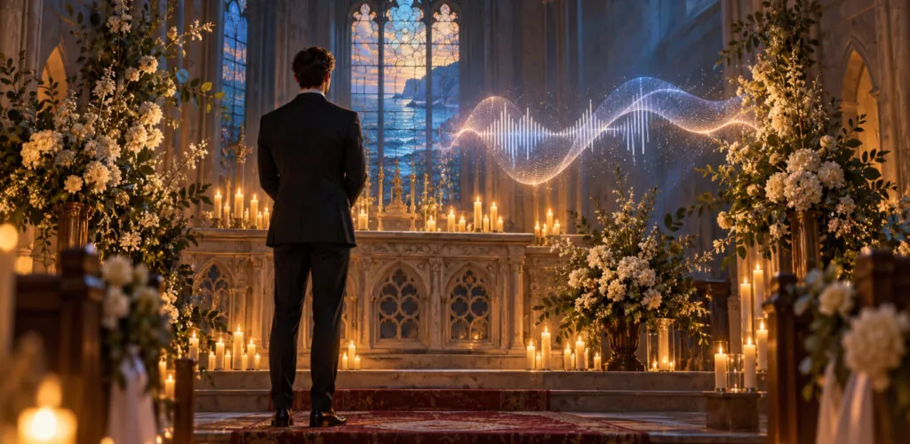 Illustration d’un marié devant une place vide dans une église, une onde lumineuse symbolisant la voix d’une intelligence artificielle.